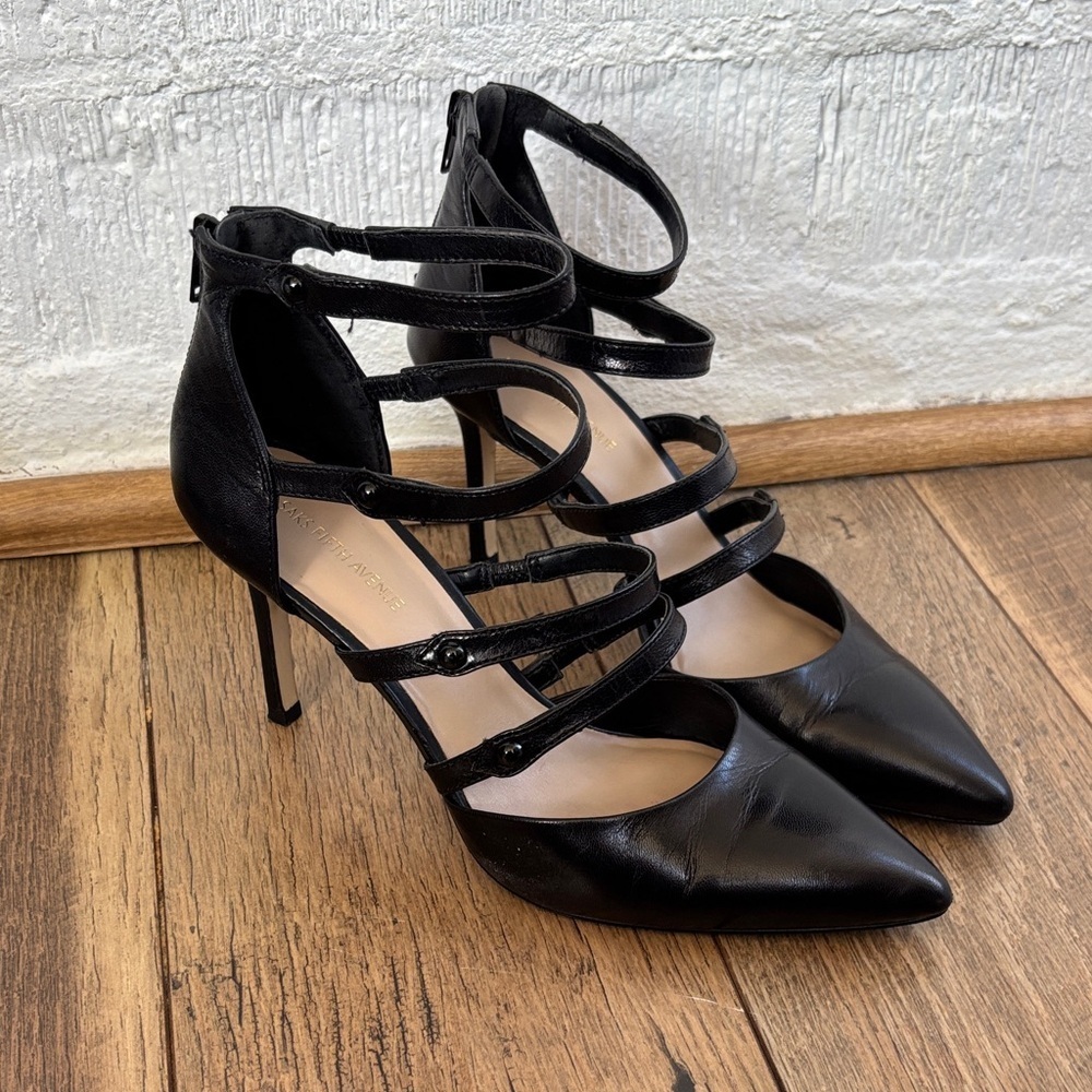 Saks Fifth Avenue Leather Black Studded Strappy Heels sz 8